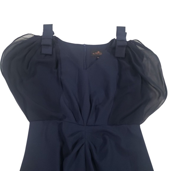 Chezcoco Midi Ruffled Dress Womens Navy Blue L V Neck Flutter Sleeve Soft Bow - Picture 5 of 11